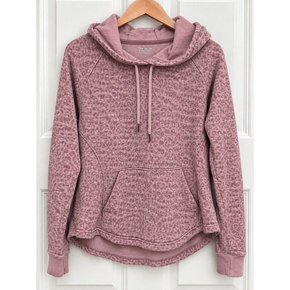 TEK GEAR Women’s Medium Mauve Leopard Print Fleece Hoodie Cozy Animal Print